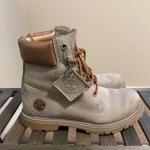 Rose gold & grey Timberlands.